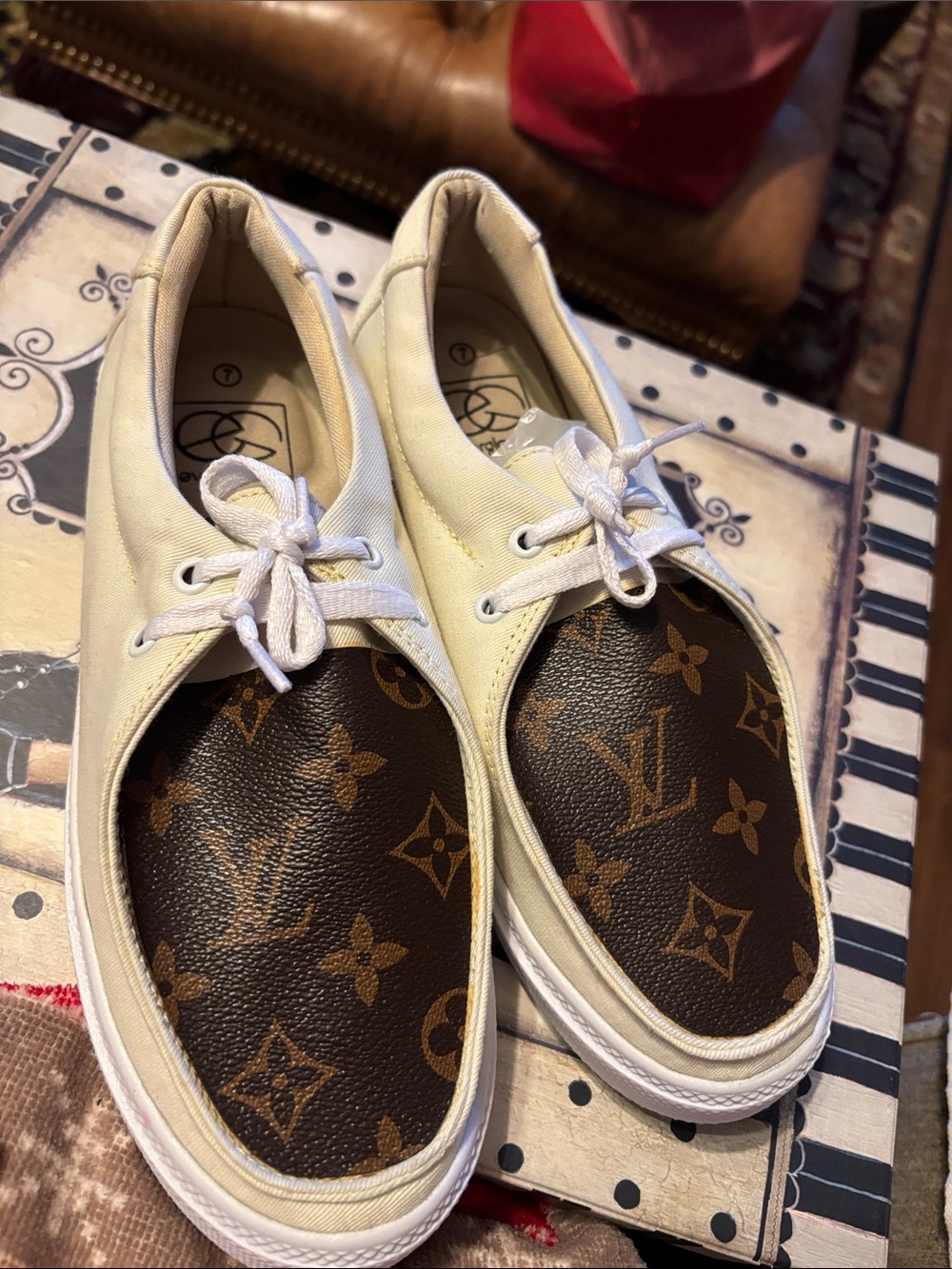 Cream Canvas Mules with Brown Monogram Detail